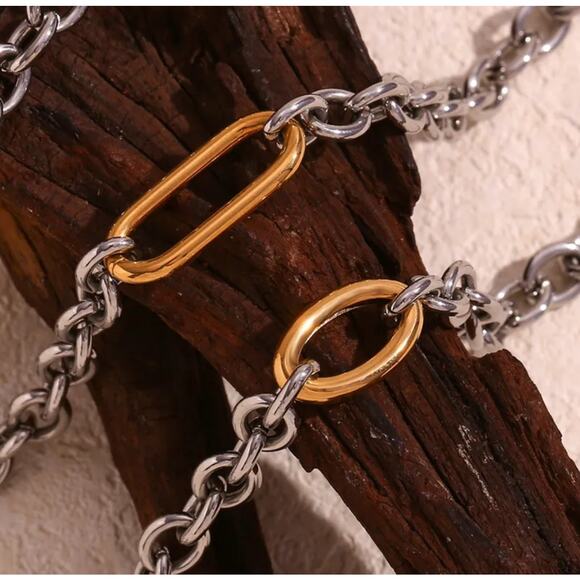 Oval Link Stainless Steel 18K Gold Necklace Bracelet Set Industrial Urban NEW - Picture 2 of 5